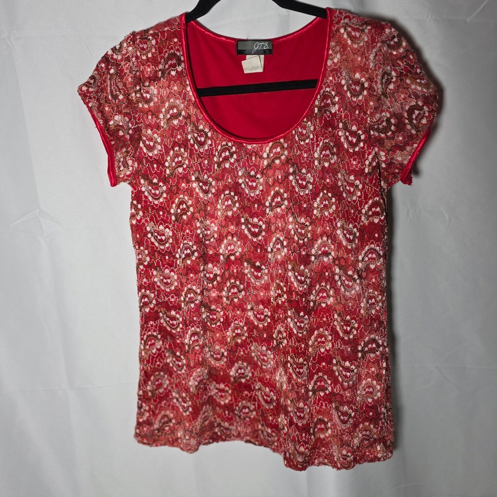 Y2K Vintage JTB Red‎ Lace Overlay Top Short Sleeve Scoop Neck Lined Women's M